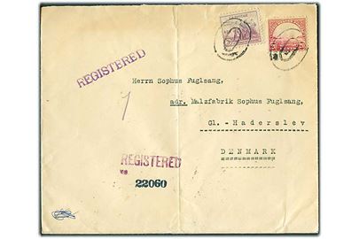 3 c. NRA og 20 c. Golden Gate på fortrykt kuvert fra Newchwang (South Manchuria) sendt anbefalet fra Seattle d. 16.11.1933 via New York til Haderslev, Danmark.