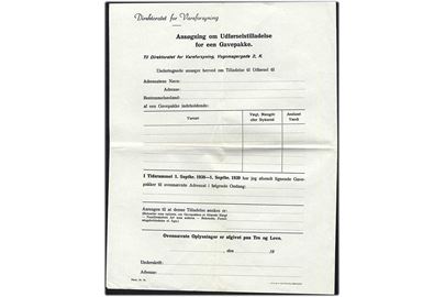 Direktoratet for Vareforsyning. Ansøgning om Udførselstilladelse for én Gavepakke. Formular nr. 86 gældende 1. sept. 1938 - 1. Sept. 1939.