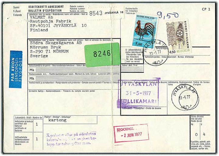 4,50 mk. og 5 mk. på internationalt adressekort for luftpostpakke fra Jyväskylä d. 31.5.1977 til Mörrum, Sverige.