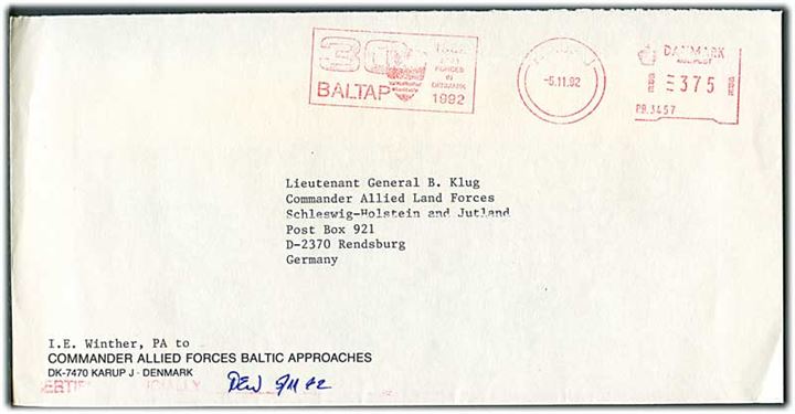3,75 kr. frankostempel 30 BALTAP 1962-1992/Karup J. d. 5.11.1992 til militæradresse i Rendsburg, Tyskland. Fra Commander Allied Forces Baltic Approaches (BALTAP, NATO hovedkvarter i Danmark).