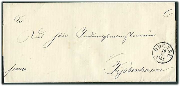 1857. Ufrankeret brev påskrevet 6 og Franco med antiqua Odense d. 29.6.1957 til Kjøbenhavn.
