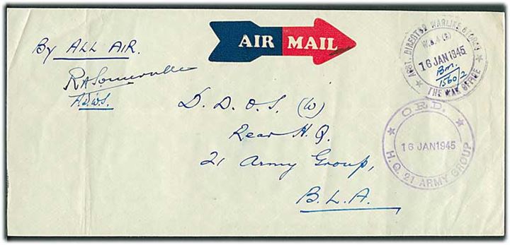 Ufrankeret kurérbrev fra Ass. Director Warlike Stores * The War Office * d. 16.1.1945 til ORD. * H.Q. 21 Army Group * i Brussel, Belgien. 