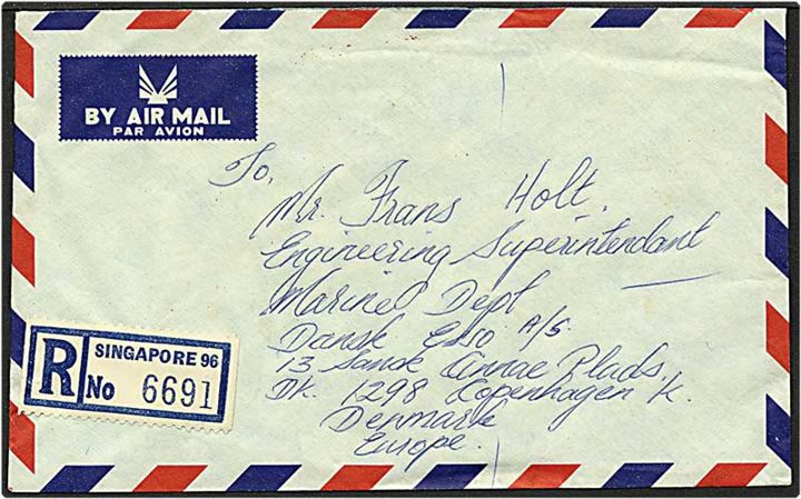 135 cent på Rec. luftpost brev fra Singapore d. 25.12.1974 til København.