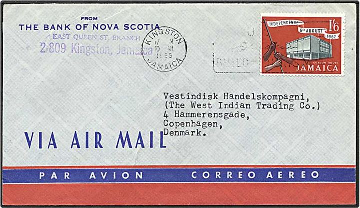 Luftpost brev fra Kingston, Jamaica, d. 10.x.1963 til København.