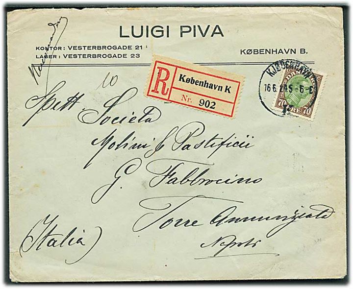 70 øre Chr. X single på anbefalet brev fra Kjøbenhavn d. 16.6.1924 via italiensk bureau AMB Chiasso-Milano til Napoli, Italien.