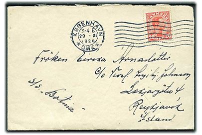 20 øre Chr. X single på brev fra København d. 29.11.1926 til Reykjavik, Island. Påskrevet S/S Botnia.