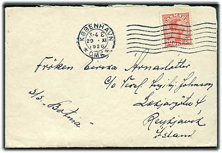 20 øre Chr. X single på brev fra København d. 29.11.1926 til Reykjavik, Island. Påskrevet S/S Botnia.