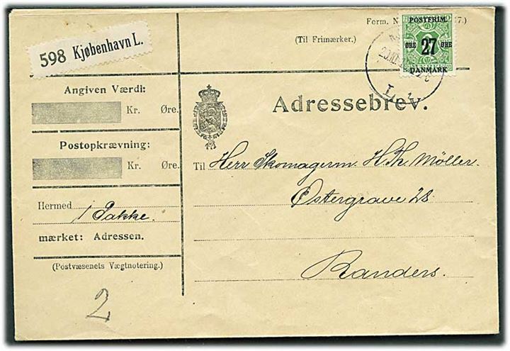 27/8 øre Provisorium single på adressekort for pakke fra Kjøbenhavn d. 20.10.1918 til Randers. Overfrankeret.
