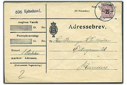 27/10 øre Provisorium single på adressebrev for pakke fra Kjøbenhavn d. 18.8.1918 til Randers. Overfrankeret.