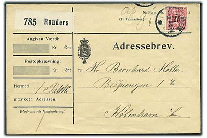 27/7 øre Provisorium single på adressebrev for pakke fra Randers d. 25.7.1918 til København. Overfrankeret og påskrevet Afs. Fr..