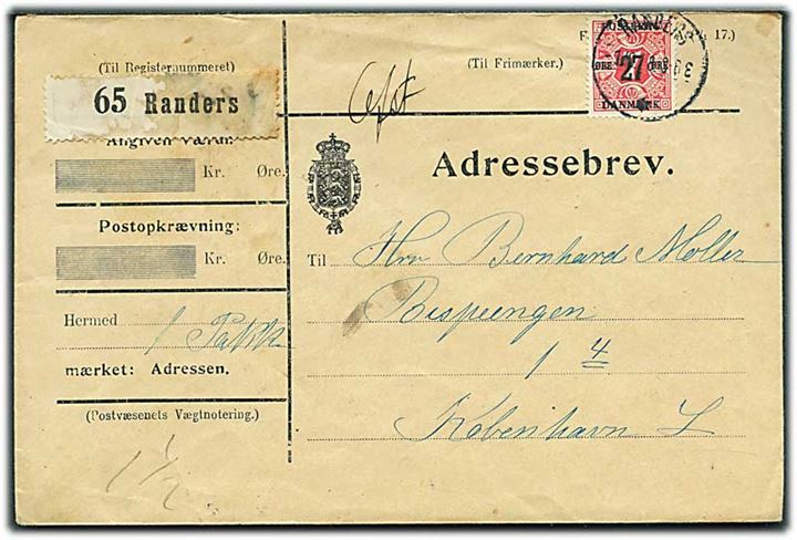 27/7 øre Provisorium single på adressebrev for pakke fra Randers d. 1.10.1918 til København. Overfrankeret og påskrevet Afs. Fr..