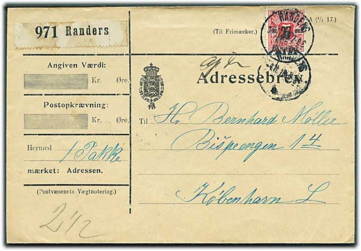27/7 øre Provisorium single på adressebrev for pakke fra Randers d. 4.11.1918 til København. Overfrankeret og påskrevet Afs. Fr..