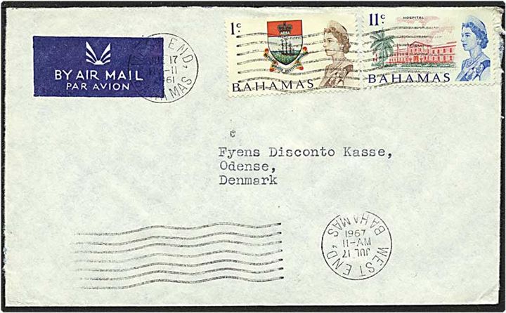 Luftpost brev fra West End, Bahamas, d. 17.7.1961 til Odense.