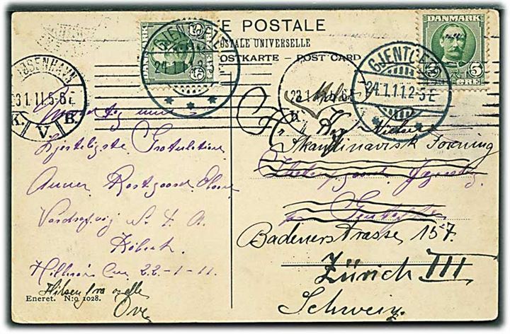 5 øre Fr. VIII på brevkort fra Kjøbenhavn d. 23.1.1911 til Gjentofte. Opfrankeret med 5 øre Fr. VIII stemplet Gjentofte d. 24.1.1911 og eftersendt til Zürich, Schweiz.