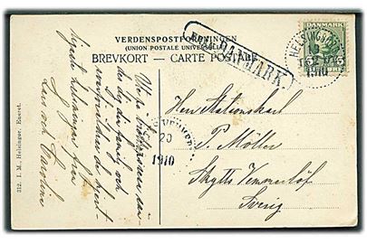 5 øre Fr. VIII på brevkort fra Helsingør annulleret med svensk stempel Helsingborg d. 19.2.1910 og sidestemplet Från Danmark til Skytts Vemmenlöf, Sverige.