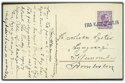 15 øre Chr. X på brevkort fra København ca. 1920 annulleret med skibsstempel Fra Kjøbenhavn til Klemensker, Bornholm.