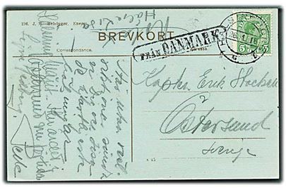 5 øre Chr. X på brevkort fra Helsingør annulleret med svensk stempel i Helsingborg d. 26.1.1918 og sidestemplet Från Danmark til Östersund, Sverige.