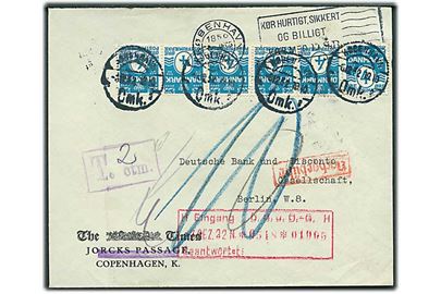 4 øre Bølgelinie i 6-stribe på underfrankeret brev fra København d. 6.12.1932 til Berlin, Tyskland. Violet portostempel T. [2] ctm. og udtakseret i 10 pfg. tysk porto.