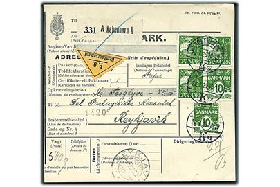 10 øre Bølgelinie (2) og 40 øre Karavel (3) på 1,40 kr. frankeret internationalt adressekort for pakke med opkrævning fra København d. 20.7.1929 til det Portugisiske Konsulat i Reykjavik, Island.  