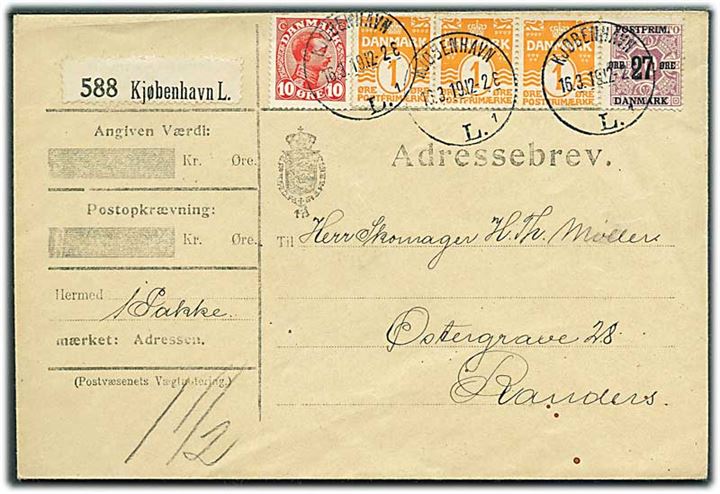 1 øre Bølgelinie (3), 10 øre Chr. X og 27/10 øre Provisorium på adressebrev for pakke fra Kjøbenhavn d. 16.3.1919 til Randers.