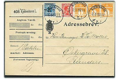 1 øre Bølgelinie (3), 10 øre Chr. X og 27/5 øre Provisorium på adressebrev for pakke fra Kjøbenhavn d. 2.3.1919 til Randers.