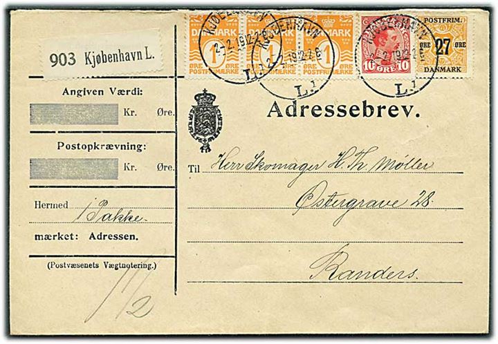 1 øre Bølgelinie (3), 10 øre Chr. X og 27/29 øre Provisorium på adressebrev for pakke fra Kjøbenhavn d. 2.2.1919 til Randers.