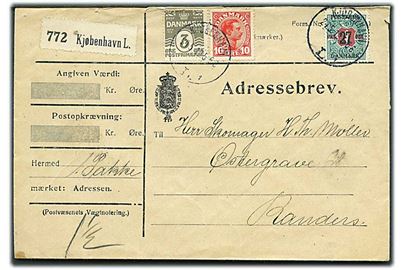 3 øre Bølgelinie, 10 øre Chr. X og 27 øre/1 kr. Provisorium på adressebrev for pakke fra Kjøbenhavn d. 24.5.1919 til Randers.
