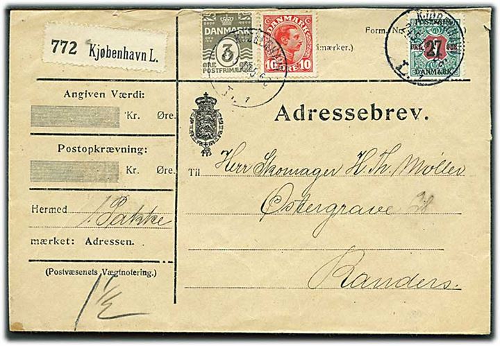 3 øre Bølgelinie, 10 øre Chr. X og 27 øre/1 kr. Provisorium på adressebrev for pakke fra Kjøbenhavn d. 24.5.1919 til Randers.