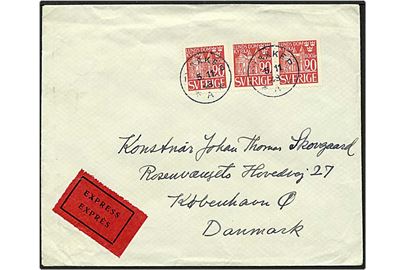 20 øre rød Lund Domkirke på expres brev fra Sverig d. 5.11.1948 til København.