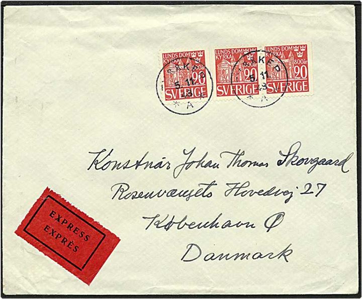 20 øre rød Lund Domkirke på expres brev fra Sverig d. 5.11.1948 til København.