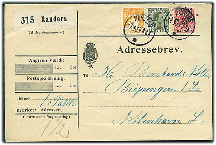 1 øre Bølgelinie, 12 øre Chr. X og 27/7 øre Provisorium på adressebrev for pakke fra Randers d. 3.4.1919 til København.