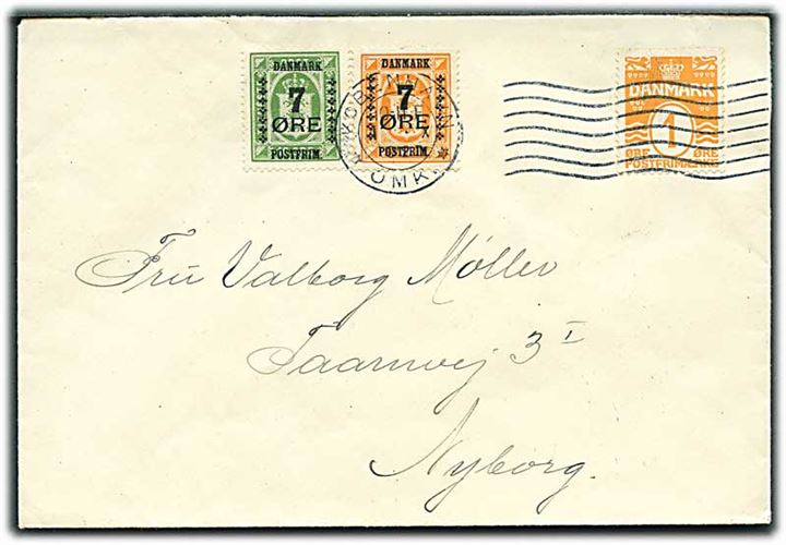 1 øre Bølgelinie, 7/1 øre og 7/10 øre Provisorium på brev fra København d. 1.10.1926 til Nyborg.