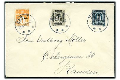 1 øre Bølgelinie, 7/3 øre og 7/20 øre Provisorium på brev annulleret med brotype IIIb Hasle d. 7.9.1928 til Randers.