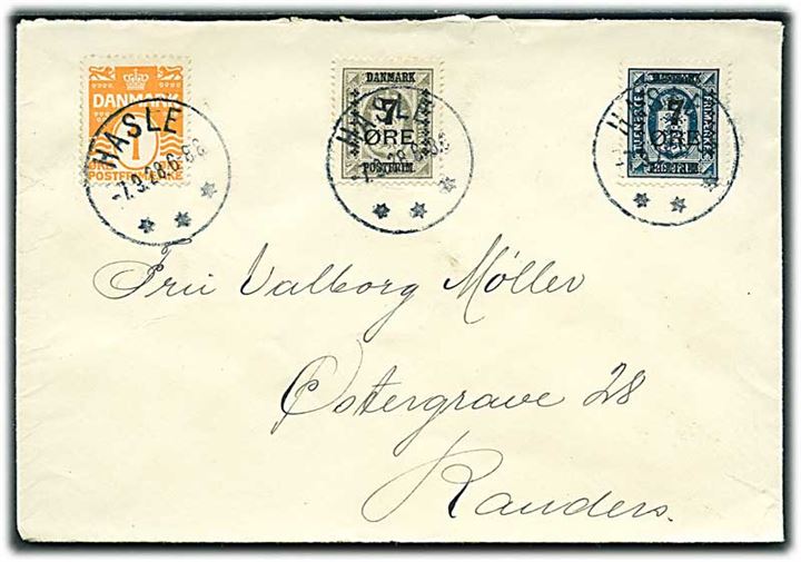 1 øre Bølgelinie, 7/3 øre og 7/20 øre Provisorium på brev annulleret med brotype IIIb Hasle d. 7.9.1928 til Randers.