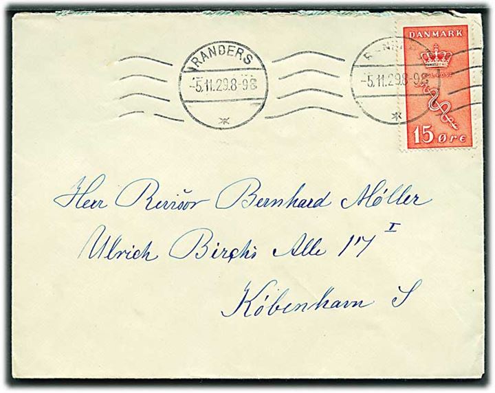 15+5 øre Kræftmærke single på brev fra Randers d. 5.11.1929 til København.