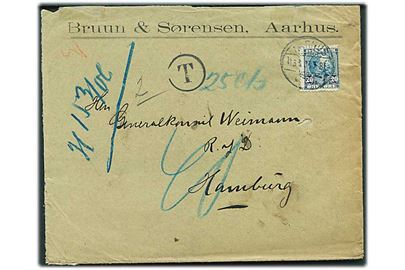 20 øre Chr. IX på underfrankeret brev fra Aarhus d. 16.1.1905 til Hamburg. Sort T stempel og udtakseret i 40 pfg. tysk porto. Kort hjørnetak.