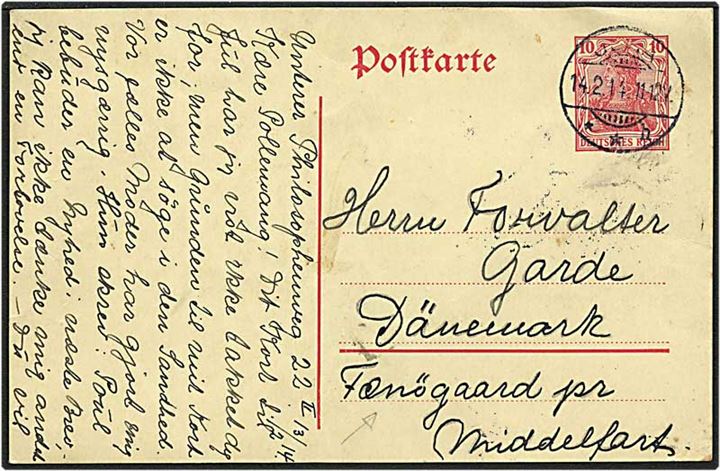 10 pfennig rød helsag fra Jena, Tyskland, d. 14.2.1914 til Fænøgaard pr. Middelfart.
