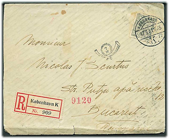 50 øre Chr. X single på anbefalet brev fra København d. 17-9-1931 til Bucarest, Rumænien. Lidt nusset.