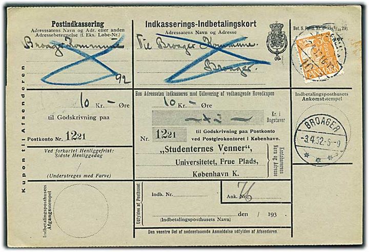30 øre Karavel på retur Indkasserings-Indbetalingskort fra København d. 2.4.1932 til Broager.
