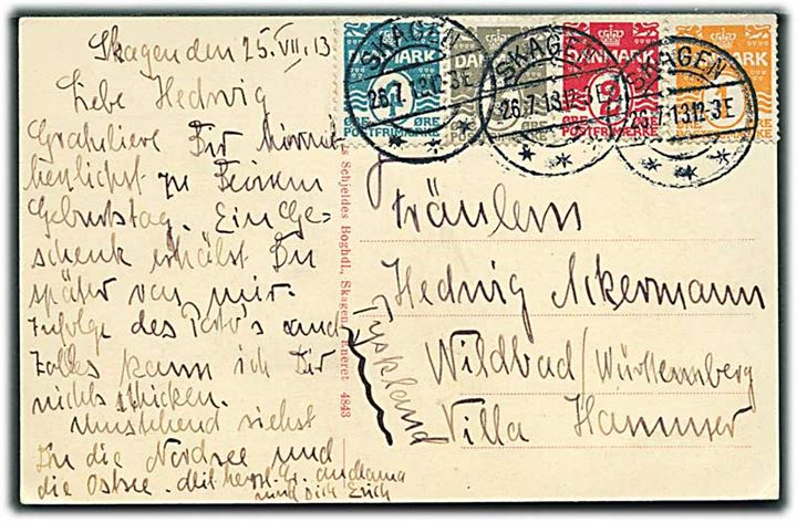 1 øre, 2 øre, 3 øre og 4 øre Bølgelinie på 4-farve frankeret brevkort fra Skagen d. 26.7.1913 til Wildbad, Tyskland.