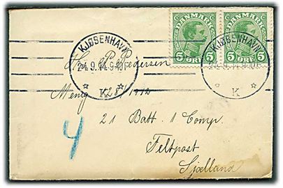 5 øre Chr. X i parstykke på lille brev fra Kjøbenhavn d. 24.9.1914 til soldat ved 21. Batt. 1 Comp. Feltpost Sjælland.