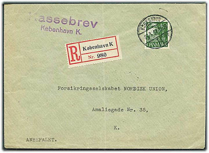 40 øre Karavel single på lokalt anbefalet brev i København d. 26.1.1932. Violet stempel: Kassebrev København K.