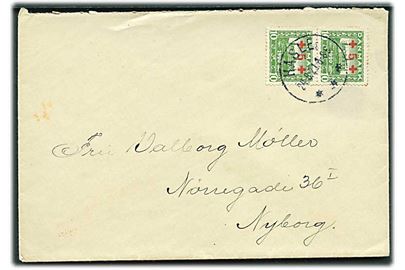 10+5 øre Røde Kors Provisorium i parstykke på brev fra Hasle d. 24.8.1921 til Nyborg.