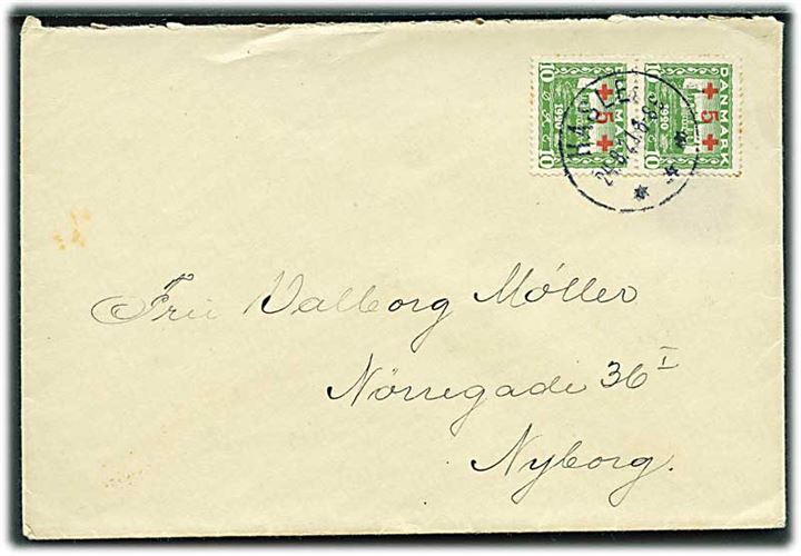 10+5 øre Røde Kors Provisorium i parstykke på brev fra Hasle d. 24.8.1921 til Nyborg.