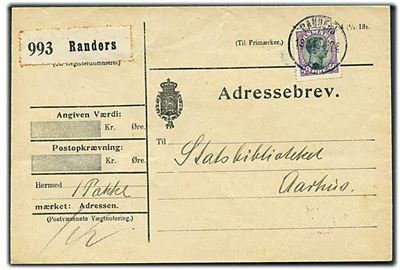 40 øre Chr. X single på adressebrev for pakke fra Randers d. 18.2.1919 til Aarhus.