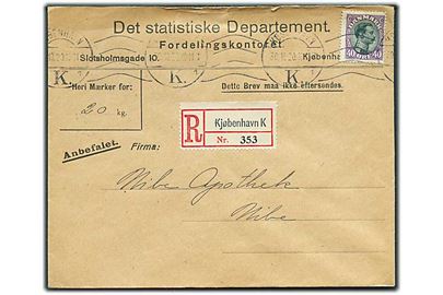 40 øre Chr. X single på anbefalet brev fra Det statistiske Departement i Kjøbenhavn d. 30.10.1920 til Nibe.