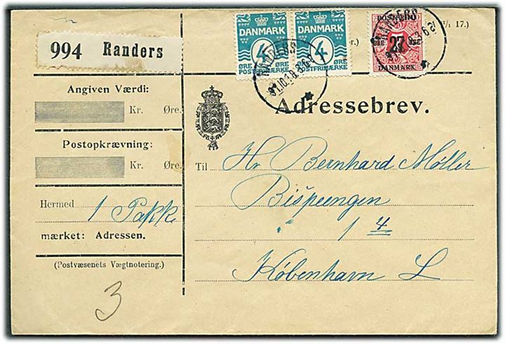 4 øre Bølgelinie i parstykke og 27/7 øre Provisorium på adressebrev for pakke fra Randers d. 31.10.1918 til København.