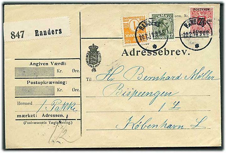 1 øre Bølgelinie 12 øre Chr. X og 27/7 øre Provisorium på adressebrev for pakke fra Randers d. 20.2.1919 til København.