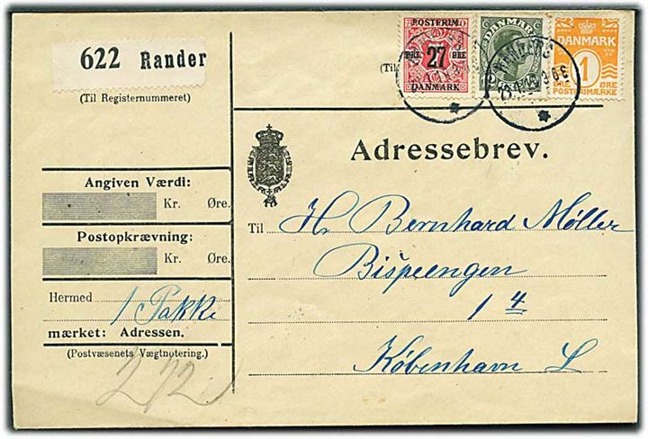 1 øre Bølgelinie 12 øre Chr. X og 27/7 øre Provisorium på adressebrev for pakke fra Randers d. 23.1.1919 til København.