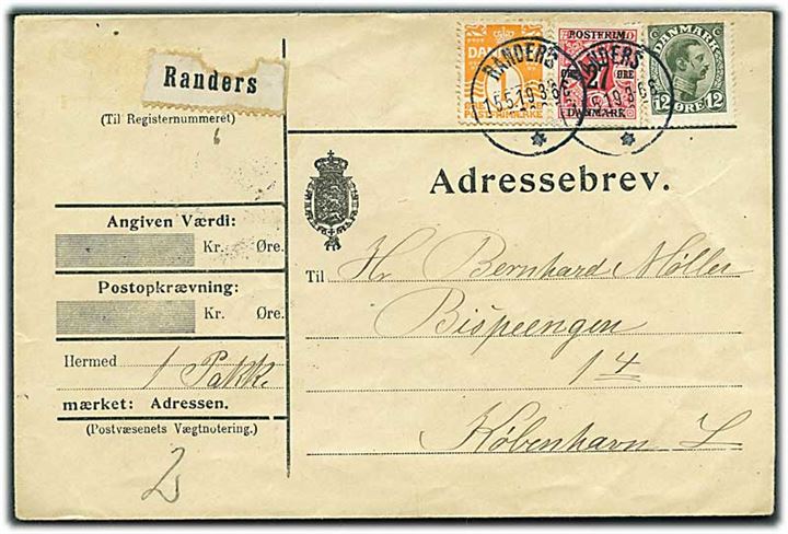 1 øre Bølgelinie 12 øre Chr. X og 27/7 øre Provisorium på adressebrev for pakke fra Randers d. 15.5.1919 til København.